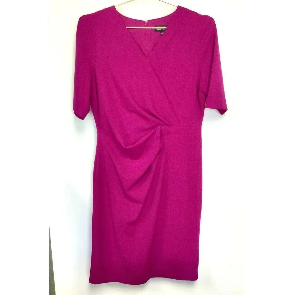 Tahari ASL Womens Fushia Pink Short Sleeve Pleated Sheath Midi Dress Size 10